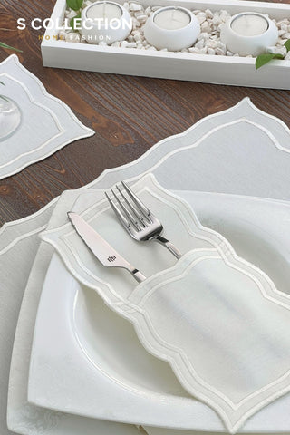 Leo Off White Design Placemat Set - Waterproof Fabric - 6 Persons - 24 Pcs. Full Set