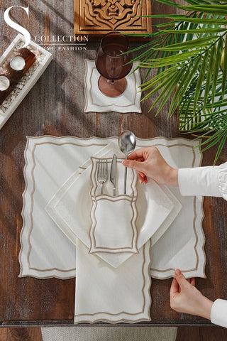 Leo Cappuccino Design Placemat Set - Waterproof Fabric - 6 Persons - 24 Pcs. Full Set