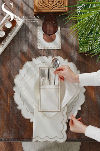 Tansy Cappuccino Design Placemat Set - Waterproof Fabric - 6 Persons - 24 Pcs. Full Set