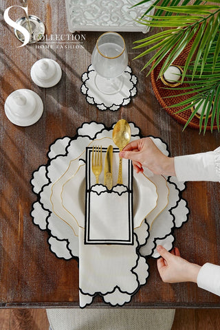 Olivia Black Design Placemat Set - Waterproof Fabric - 6 Persons - 24 Pcs. Full Set