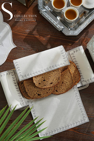 Leafy Allure Design Bread Basket Napkin - Waterproof Fabric - Silver Embroidered