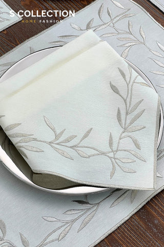 Silver Flower Design Placemat Set - Waterproof Fabric - 6 Persons - 24 Pcs. Full Set