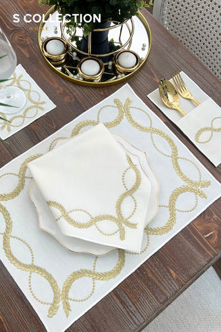 Olive Branch Gold Design Placemat Set - Waterproof Fabric - 6 Persons - 24 Pcs. Full Set