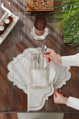 Clara Cappuccino Design Placemat Set - Waterproof Fabric - 6 Persons - 24 Pcs. Full Set