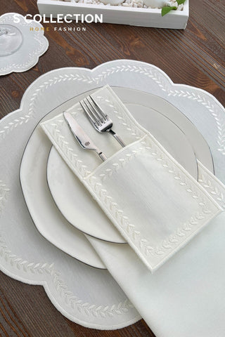 Leafy Allure Off White Design Placemat Set - Waterproof Fabric - 6 Persons - 24 Pcs. Full Set