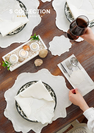 Marine Off White Design Placemat Set - Waterproof Fabric - 6 Persons - 24 Pcs. Full Set