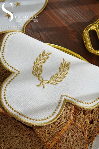 Laurel Wreath Design Bread Basket Napkin - Waterproof Fabric - Gold Embroidered