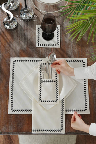 Leafy Allure Cornered Black Design Placemat Set - Waterproof Fabric - 6 Persons - 24 Pcs. Full Set