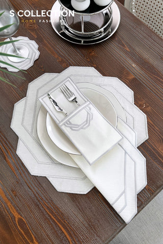 Octagonal Silver Design Placemat Set - Waterproof Fabric - 6 Persons - 24 Pcs. Full Set