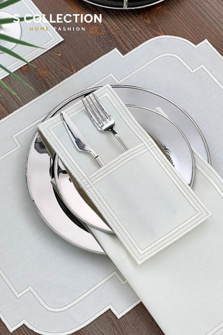 Nova Belle Design Off White and Shine Silver Placemat Set - Waterproof Fabric - 6 Persons - 24 Pcs. Full Set