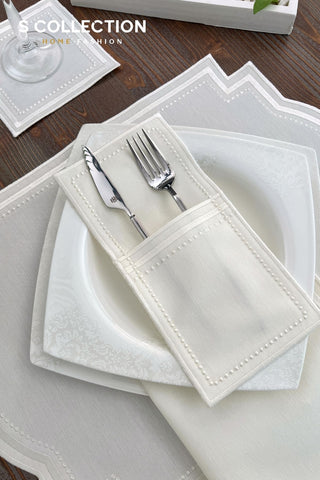 Graceful Off White Design Placemat Set - Waterproof Fabric - 6 Persons - 24 Pcs. Full Set