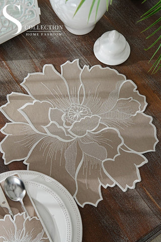 Eloise Design Embroidered Placemat Set - Cappucino Colour Waterproof Fabric - 6 Persons - 12 Pcs.