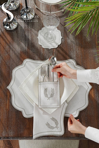 Laurel Wreath Silver Design Placemat Set - Waterproof Fabric - 6 Persons - 24 Pcs. Full Set