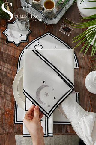 Ramadan Qamar Design Black and Silver Placemat Set - Waterproof Fabric - 6 Persons - 24 Pcs. Full Set