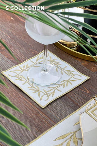 Gold Flower Design Placemat Set - Waterproof Fabric - 6 Persons - 24 Pcs. Full Set