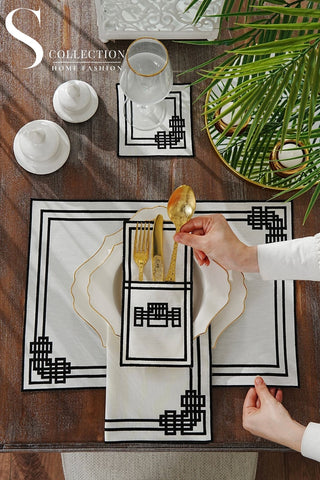 Pyramid Design Black Placemat Set - Waterproof Fabric - 6 Persons - 24 Pcs. Full Set