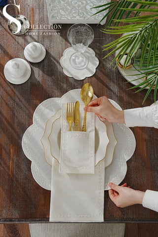 Leafy Allure Off White Design Placemat Set - Waterproof Fabric - 6 Persons - 24 Pcs. Full Set