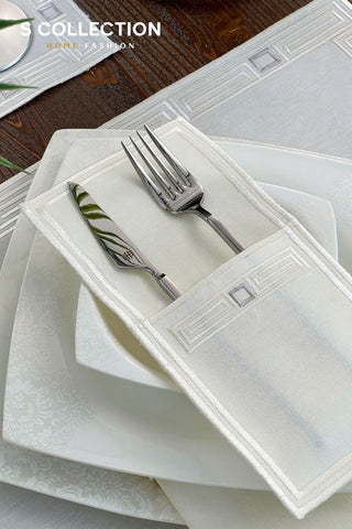 Tuscan Off White and Silver Design Placemat Set - 6 Persons - Waterproof Fabric - 24 Pcs. Full Set