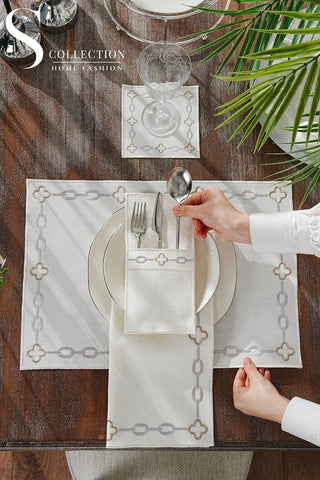 Cadena Silver Border - Cappuccino Design Placemat Set - Waterproof Fabric - 6 Persons - 24 Pcs. Full Set