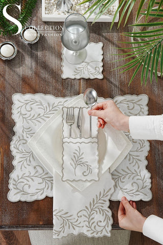 Lilac Soleil Silver Design Placemat Set - Waterproof Fabric - 6 Persons - 24 Pcs. Full Set