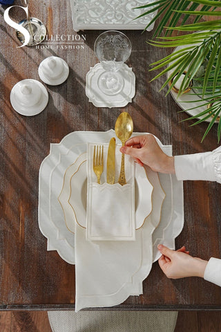 Amelia Off White Design Placemat Set - Waterproof Fabric - 6 Persons - 24 Pcs. Full Set