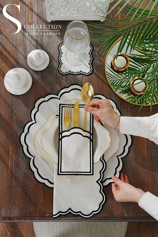 طقم مفارش سفرة - تصميم جوري - تطريز أسود - قماش مقاوم للماء - ٦ اشخاص - ٢٤ قطعة - طقم كامل  