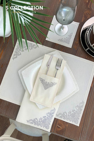 Evelyn Silver Design Placemat Set - Waterproof Fabric - 6 Persons - 24 Pcs. Full Set