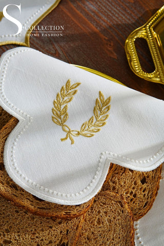 Laurel Wreath Design Bread Basket Napkin - Waterproof Fabric - Gold and Off White Embroidered