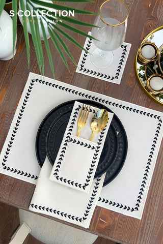 Leafy Allure Cornered Black Design Placemat Set - Waterproof Fabric - 6 Persons - 24 Pcs. Full Set