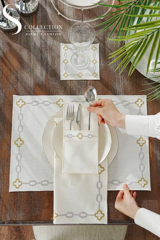 Cadena Silver Border - Gold Design Placemat Set - 6 Persons - Waterproof Fabric - 24 Pcs. Full Set