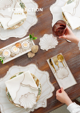 طقم مفارش سفرة - تصميم مارين - تطريز بنى فاتح (كابتشينو) - قماش مقاوم للماء - ٦ اشخاص - ٢٤ قطعة - طقم كامل  