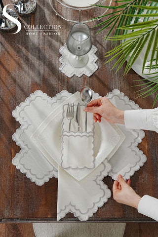 Rosaline Silver Design Placemat Set - Waterproof Fabric - 6 Persons - 24 Pcs. Full Set