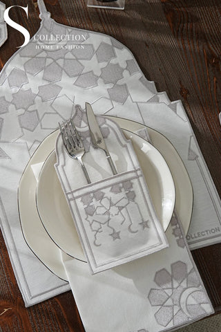 طقم مفارش سفرة - تصميم قبة رمضان - تطريز فضى -  قماش مقاوم للماء -  ٦ أشخاص - ٢٤ قطعة - طقم كامل