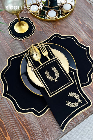 Laurel Wreath Dark Design Placemat Set - Waterproof Fabric - 6 Persons - 24 Pcs. Full Set