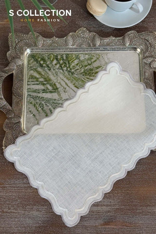 Vera Design Tray Cover - %100 Linen Fabric - Silver - Off White Embroidered