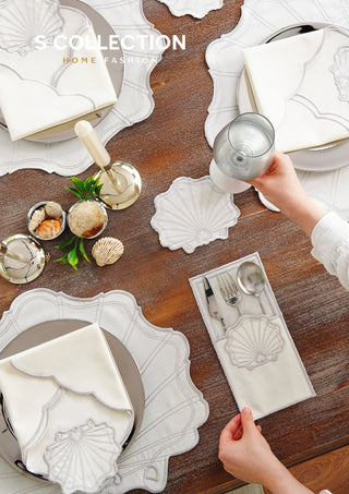 طقم مفارش سفرة - تصميم مارين - تطريز فضى - قماش مقاوم للماء - ٦ اشخاص - ٢٤ قطعة - طقم كامل  