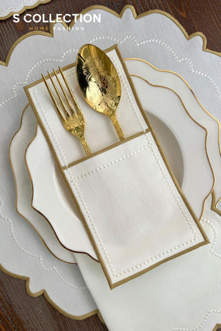 Tansy Gold and Off White Design Placemat Set - Waterproof Fabric - 6 Persons - 24 Pcs. Full Set