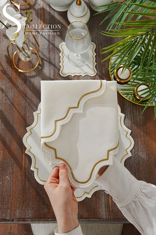 Camila Gold and Off White Design Placemat Set - Waterproof Fabric - 6 Persons - 24 Pcs. Full Set