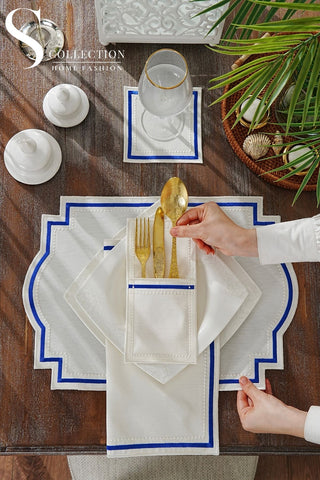 Graceful Navy Blue Design Placemat Set - Waterproof Fabric - 6 Persons - 24 Pcs. Full Set