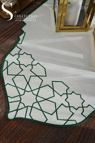 Dome Design Runner - Waterproof Fabric - Off White and Green Embroidered