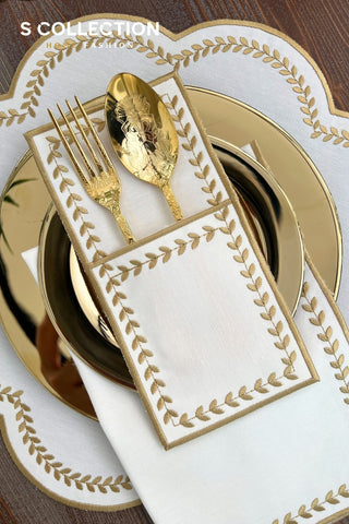 Leafy Allure Gold Design Placemat Set - Waterproof Fabric - 6 Persons - 24 Pcs. Full Set