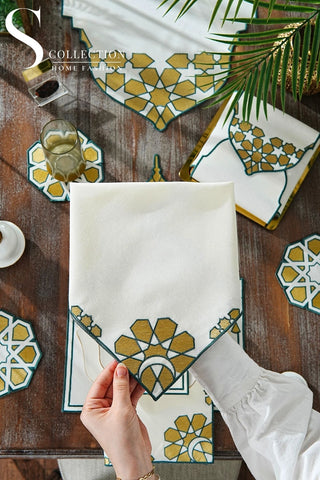 Ramadan Dome Design Green and Gold Full Placemat Set - With Bread Basket Napkin and Runner - 6 Persons - 26 Pcs.