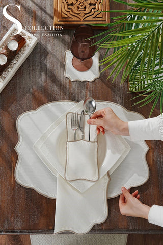 Alice Cappuccino and Off White Design Placemat Set - Waterproof Fabric - 6 Persons - 24 Pcs. Full Set