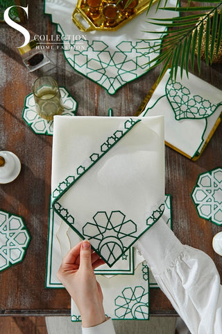 Ramadan Dome Design Green and Off White Full Placemat Set - With Bread Basket Napkin and Runner - 6 Persons - 26 Pcs.