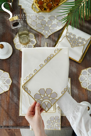 Ramadan Dome Design Silver and Gold Full Placemat Set - With Bread Basket Napkin and Runner - 6 Persons - 26 Pcs.