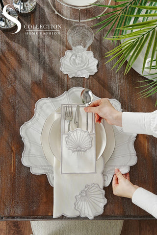 طقم مفارش سفرة - تصميم مارين - تطريز فضى - قماش مقاوم للماء - ٦ اشخاص - ٢٤ قطعة - طقم كامل  