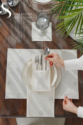 Tuscan Off White and Silver Design Placemat Set - 6 Persons - Waterproof Fabric - 24 Pcs. Full Set