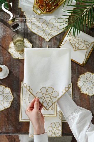 Ramadan Dome Design Gold and Off White Full Placemat Set - With Bread Basket Napkin and Runner - 6 Persons - 26 Pcs.