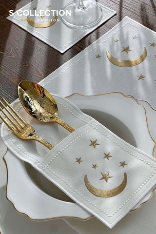 Ramadan Design Gold Luna Placemat Set - Waterproof Fabric - 6 Persons - 24 Pcs. Full Set