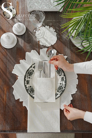 طقم مفارش سفرة - تصميم  إلويس - تطريز اوف وايت - قماش مقاوم للماء - ٦ اشخاص - ٢٤ قطعة - طقم كامل  